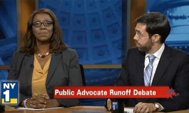 Leticia James and Daniel Squadron during the Campaign Finance Board's Democratic Public Advocate runoff debate.