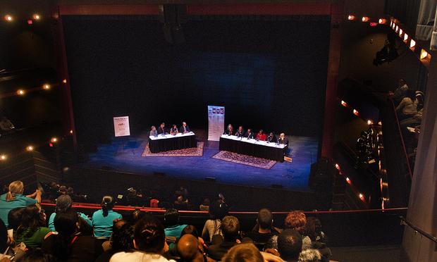 The crowd and panel at a community forum on education in Newark, New Jersey, moderated by WNYC's Brian Lehrer.