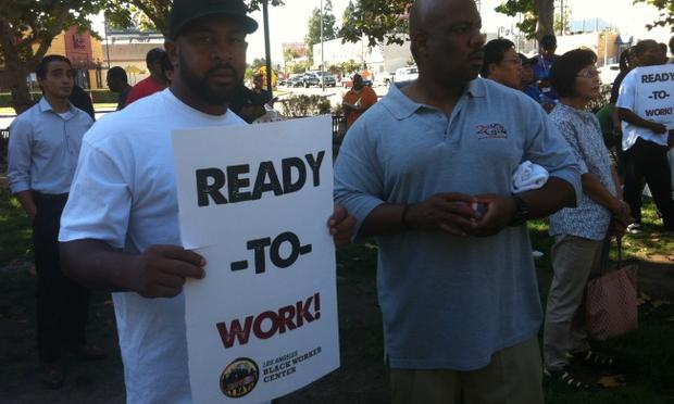 Construction workers, advocates and community leaders at a jobs rally Los Angeles