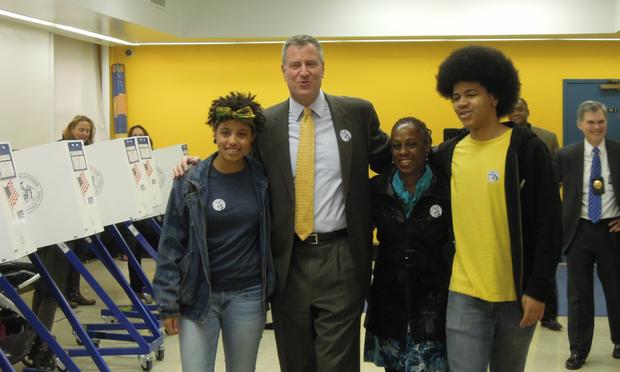 The de Blasio family after Bill, Chirlane and Chiara cast ballots at the Park Slope Library.