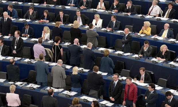 Eurosceptics members of Parliament turn their back to the assembly during the opening ceremony of the European Parliament session. Eurosceptics members of Parliament turn their back to the assembly during the opening ceremony of the European Parliament session on July 1, 2014 in Strasbourg, eastern France.