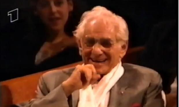 Leonard Bernstein laughs as Lauren Bacall serenades him in 1988 Leonard Bernstein laughs as Lauren Bacall serenades him in 1988