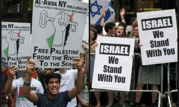Pro-Palestinian and Pro-Israeli protesters outside the Israeli consulate in New York.