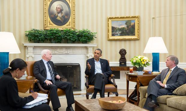 President Barack Obama meets with Senators John McCain and Lindsey Graham in the Oval Office to discuss Syria, Sept. 2, 2013. National Security Advisor Susan E. Rice is at left.