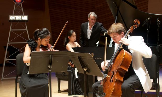 Alumni Piano Trio: Haruno Sato, violin, Adria Ye, piano, Austin Huntington, cello. Alumni Piano Trio: Haruno Sato, violin, Adria Ye, piano, Austin Huntington, cello.