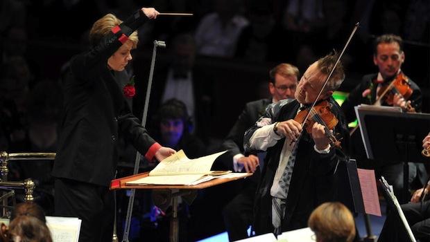 Conductor Marin Alsop and violinist Nigel Kennedy at the Last Night of the Proms Conductor Marin Alsop and violinist Nigel Kennedy at the Last Night of the Proms