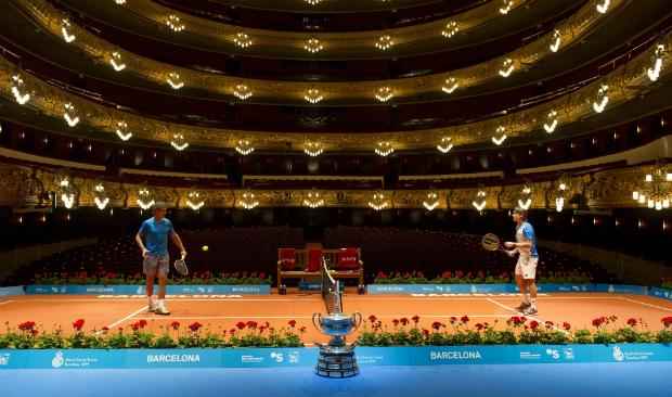 Spanish players Rafael Nadal (L) and David Ferrer play inside the Gran Teatre del Liceu in Barcelona on April 21, 2014. Spanish players Rafael Nadal (L) and David Ferrer play inside the Gran Teatre del Liceu in Barcelona on April 21, 2014 ahead of the Barcelona Open tennis tournament.