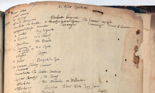 Booksellers claim they have found a dictionary which belonged to William Shakespeare. On this page, they believe he wrote a mixture of French and English words, also used in his plays. Booksellers claim they have found a dictionary which belonged to William Shakespeare. On this page, they believe he wrote a mixture of French and English words, also used in his plays.