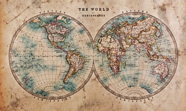 A world map dated from the mid 1800s showing Western and Eastern Hemispheres with hand colouring world map