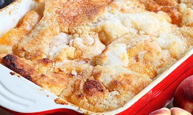Peach cobbler is a favorite desert to make with peaches, which are in season in late summer. Peach cobbler baking