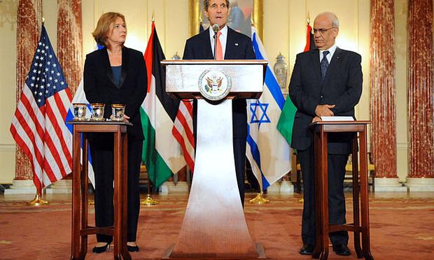 U.S. Secretary of State John Kerry, Israeli Justice Minister Tzipi Livni, and Palestinian Chief Negotiator Saeb Erekat address reporters on the Middle East Peace Process Talks at the U.S. Department o