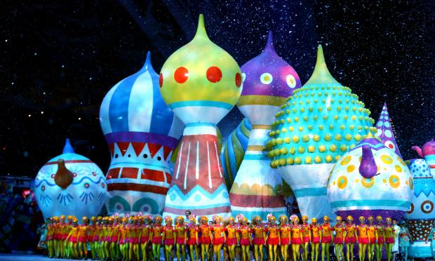 Dancers perform with inflated objects during the Opening Ceremony of the Sochi 2014 Winter Olympics in Sochi, Russia. Dancers perform with inflated objects during the Opening Ceremony of the Sochi 2014 Winter Olympics at Fisht Olympic Stadium on February 7, 2014 in Sochi, Russia.