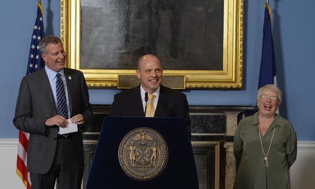 Mayor Bill de Blasio, UFT President Michael Mulgrew and Schools Chancellor Carmen Farina announce a preliminary 9-year contract on May 1, 2014.