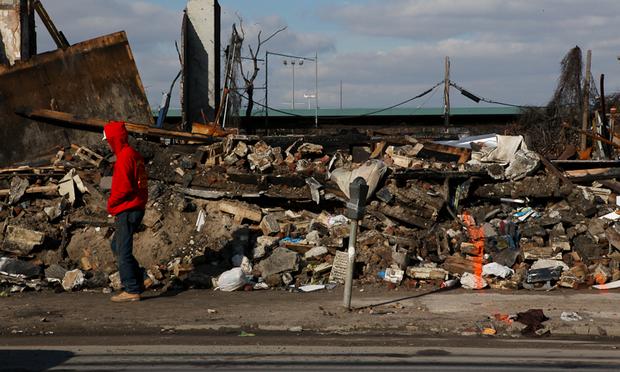 Damaged street where 17 buildings burned down on Rockaway Beach Boulevard in the Rockaways. Damaged street where 17 buildings burned down on Rockaway Beach Boulevard in the Rockaways.