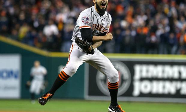 Sergio Romo #54 of the San Francisco Giants celebrates striking out Miguel Cabrera #24 of the Detroit Tigers in the tenth inning to win Game Four of the Major League Baseball World Series. Sergio Romo #54 of the San Francisco Giants celebrates striking out Miguel Cabrera #24 of the Detroit Tigers in the tenth inning to win Game Four of the Major League Baseball World Series at