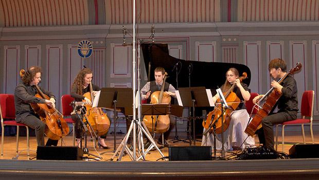 Matt Haimovitz, Miriam Liske-Doorandish, Taeguk Mun, Bryan Holt and Leana Rutt perform 'Open Country Joy' For Five Cellos by John McLaughlin. Matt Haimovitz, Miriam Liske-Doorandish, Taeguk Mun, Bryan Holt and Leana Rutt perform 'Open Country Joy' For Five Cellos by John McLaughlin.
