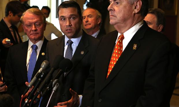 (R-L) U.S. Rep. Peter King (R-NY), Rep. Rodney Frelinghuysen (R-NJ), Rep. Michael Grimm (R-NY) and Rep. Leonard Lance (R-NJ) speak to the media about the Sandy aid bill.