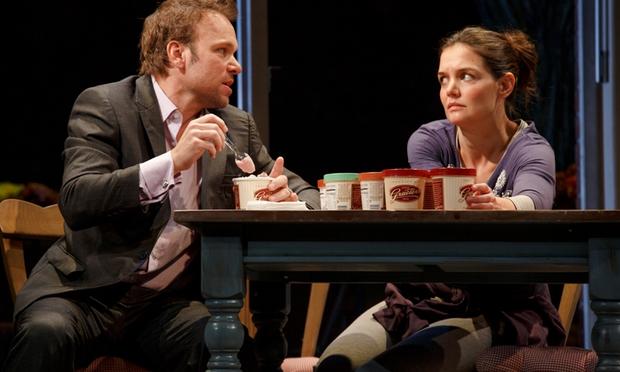 Norbert Leo Butz as Jack and Katie Holmes as Lorna in 'Dead Accounts,' by Theresa Rebeck, directed by Jack O'Brien. At Broadway's Music Box Theater.