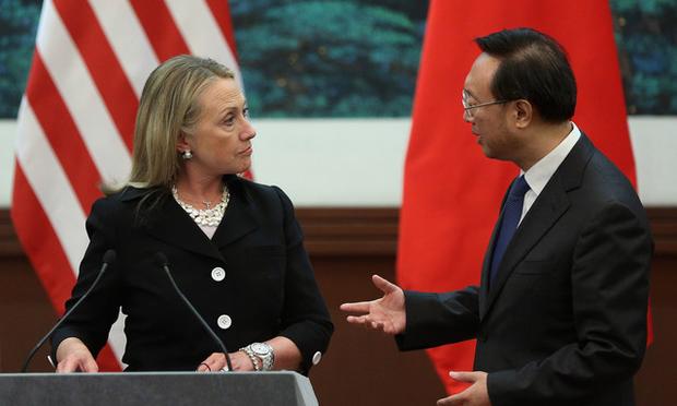Chinese Foreign Minister Yang Jiechi addresses Hillary Clinton during a Press Conference at the Great Hall of the People on September 5, 2012 in Beijing.