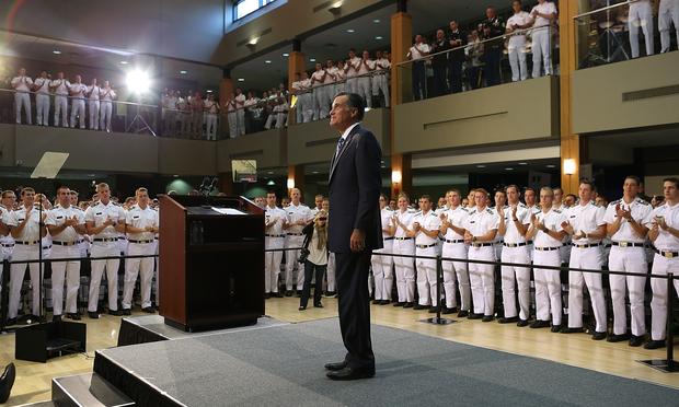 Republican presidential candidate Mitt Romney prepares to deliver a foreign policy speech at the Virginia Military Institute on October 8, 2012 in Lexington, Virginia.