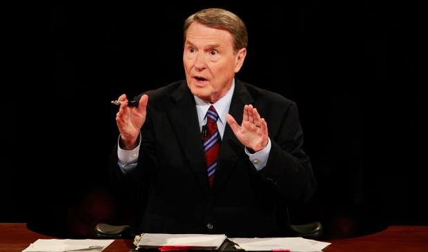 Jim Lehrer moderating the first debate between Barack Obama and Mitt Romney