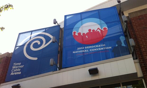 Banners outside the Time Warner Arena, where most of the Democratic National Convention events take place.