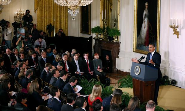 President Barack Obama holds a news conference in the East Room of the White House.