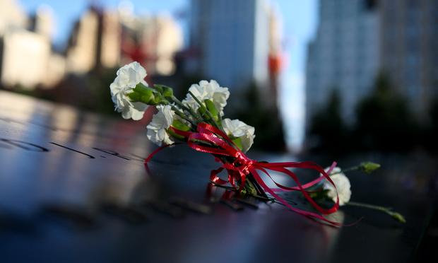 Flowers at the 9/11 Memorial pools. World Trade Center site.