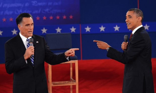 Barack Obama and Mitt Romney debate on October 16, 2012 at Hofstra University in Hempstead, New York. US President Barack Obama and Republican Presidential nominee Mitt Romney debate on October 16, 2012 at Hofstra University in Hempstead, New York.