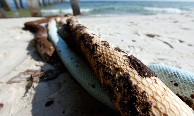 Oil soaked boom full of tar balls is seen near a pier on the beach on June 14, 2010 in Gulf Shores, Alabama.