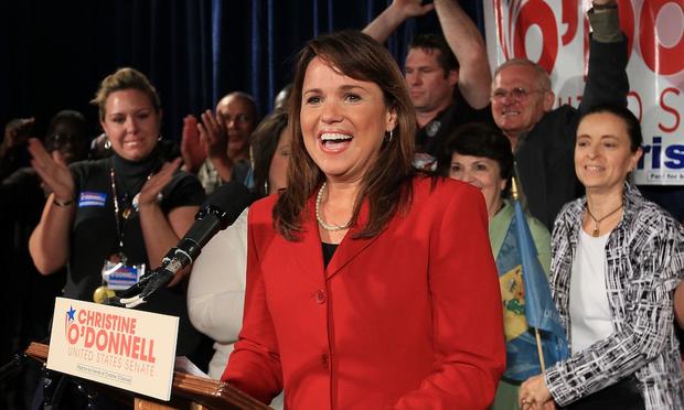 U.S. Senate candidate Christine O'Donnell speaks to her supporters after she won the Delaware U.S. Senate primary against Rep. Mike Castle on September 14, 2010 in Dover, Delaware.