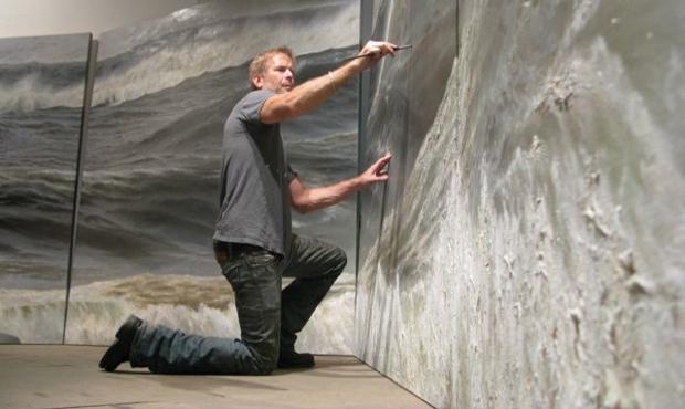 Ran Ortner working on his winning painting, a 19-foot-wide oil painting called 'Open Water no. 24' Studio 360 Episode 1043, Richard Powers, A Capella, Squier