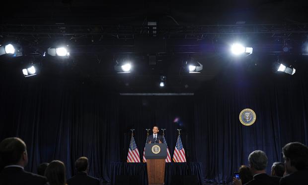 US President Barack Obama speaks on fiscal policy April 13, 2011 at George Washington University's Jack Morton Auditorium in Washington, DC