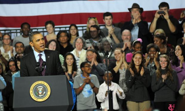 MANCHESTER, NH - NOVEMBER 22: U.S. President Barack Obama speaks at Manchester Central High School November 22, 201 in Manchester, New Hampshire. Obama spoke about job creation.