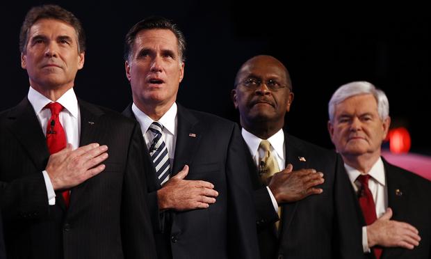Texas Gov. Rick Perry, Gov. Mitt Romney, Herman Cain and former Speaker of the House Newt Gingrich.