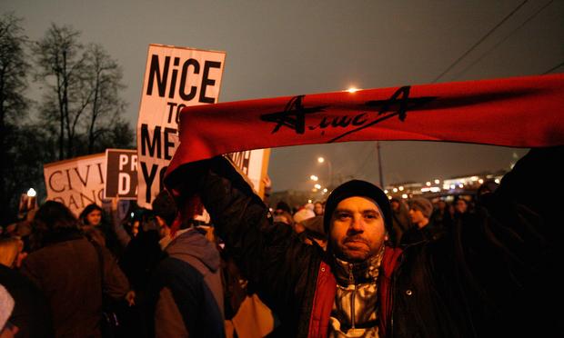 A protester stands in Bolotnaya Square in Moscow, Russia. A protester stands in Bolotnaya Square on December 10, 2011 in Moscow, Russia. Protests took place in Moscow and St. Petersburg this wee