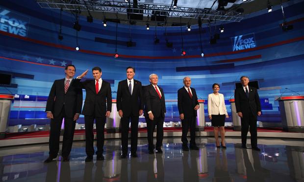 Republican presidential candidates at Fox News debate in Sioux City, Iowa.