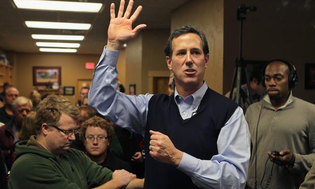 Rick Santorum speaks during a campaign stop in Sioux City, Iowa. Republican presidential candidate former U.S. Senator Rick Santorum (R-PA) speaks during a campaign stop at the Daily Grind coffee shop on January 1, 2012 in Sioux City, Iowa.