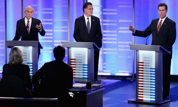 Ron Paul, Mitt Romney, and Rick Santorum participate in the ABC/Yahoo! News Republican Debate.