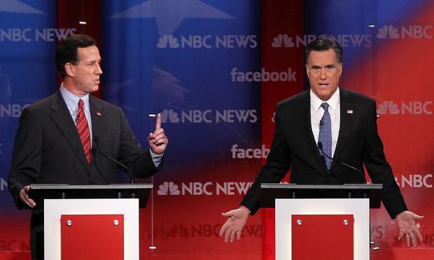 Republican presidential candidates participate during the NBC News Facebook Debate. Republican presidential candidates, former U.S. Sen. Rick Santorum (L) and former Massachusetts Gov. Mitt Romney (R) participate during the NBC News Facebook Debate on 'Meet the Press' January 8, 2012