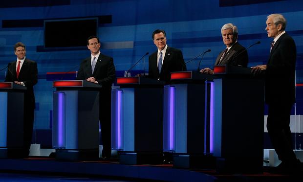 Republican presidential candidates participate in a Fox News, Wall Street Journal-sponsored debate. MYRTLE BEACH, SC - JANUARY 16: Republican presidential candidates (L-R) Texas Gov. Rick Perry, former U.S. Sen. Rick Santorum (R-PA), former Massachusetts Gov. Mitt Romney, former U.S. House Speaker N