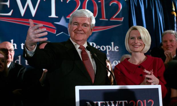 Former Speaker of the House Newt Gingrich speaks during a primary night rally in Columbia, South Carolina. Republican presidential candidate, former Speaker of the House Newt Gingrich (L) speaks during a primary night rally with his wife Callista Gingrich January 21, 2012 in Columbia, South Carolina. With