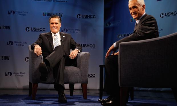 Republican presidential candidate Mitt Romney sits down with Univision's Jorge Ramos for a 'Meet the Candidate' forum hosted by the Hispanic Chamber of Commerce and Univision.