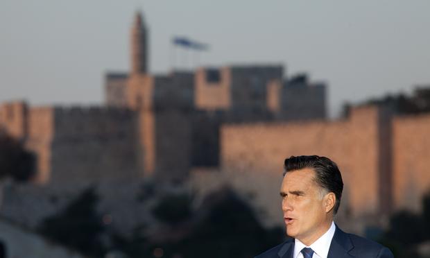 U.S. Republican presidential candidate Mitt Romney delivers a speech outside the Old City on July 29, 2012 in Jerusalem, Israel
