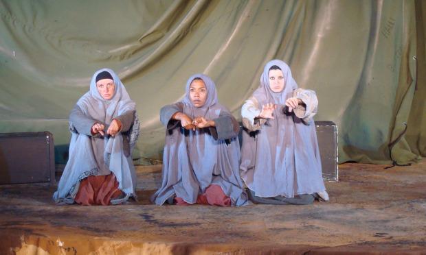 The three witches of 'Macbeth' as war widows in Pulse Ensemble Theatre's production. (From left) Wendy Snow, Erica Chamblee, Regina GIbson The three witches of
