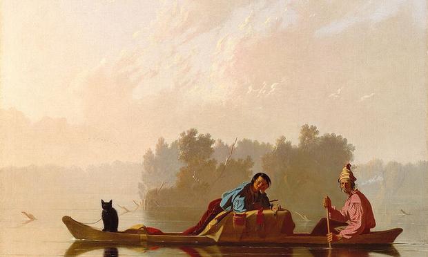 Colonial works lean toward formal portraiture. By the 19th century, natural landscapes and daily life began making an appearance -- as in this 1845 painting of fur traders by George Caleb Bingham.
