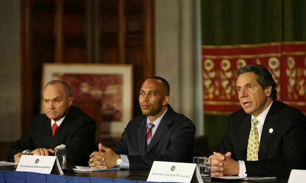 NYPD Commissioner Ray Kelly and Assemblyman Hakeem Jeffries are present as Gov. Andrew Cuomo proposes to decriminalize possession of small amounts of marijuana in public view.