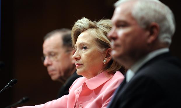 Secretary of State Hillary Clinton testifies before the Senate Foreign Relations Committee on the new START Treaty, with Chair of the Joint Chiefs Admiral Mike Mullen and Defense Sec. Robert Gates