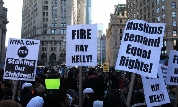 Muslim rights groups at Foley Square on February 3, 2011 protesting NYPD surveillance of Muslims in the city. muslim, mosque, protest, anti-muslim, NYPD