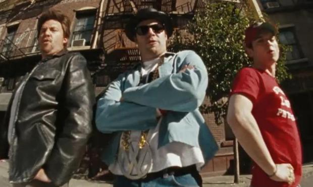 A still from the 'Fight For Your Right Revisted' video featuring actors including Seth Rogen playing the Beastie Boys circa 1986. A still from the 'Fight For Your Right Revisted' video featuring actors including Seth Rogen playing the Beastie Boys circa 1986.